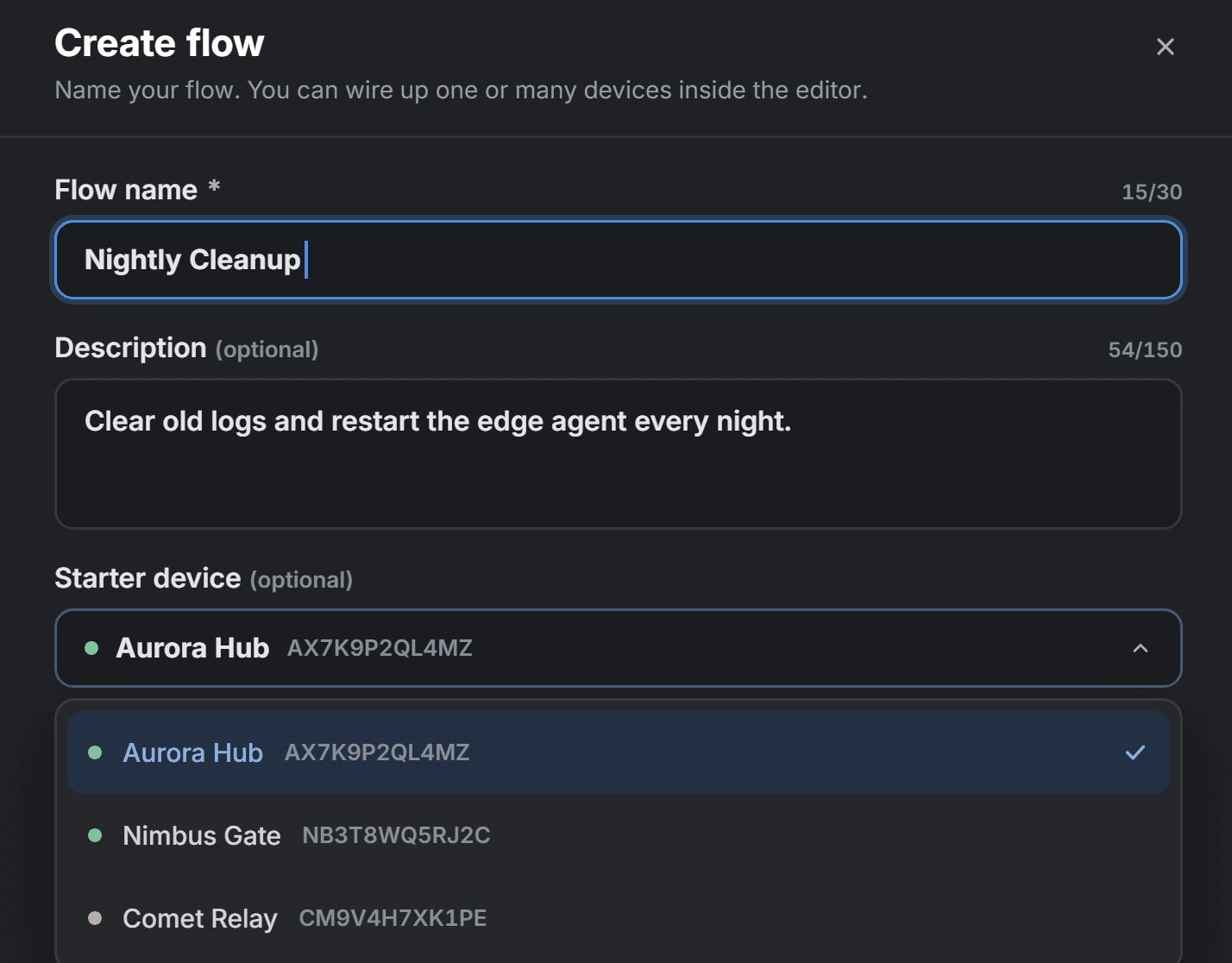 Create flow sheet with a flow name, description and starter device