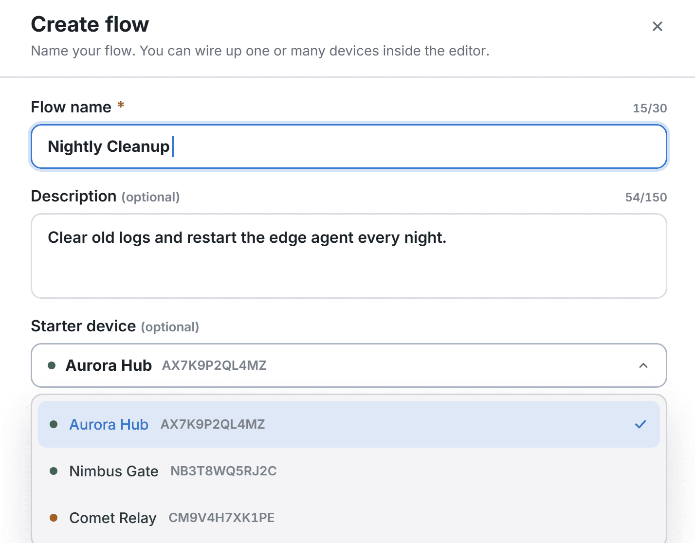 Create flow sheet with a flow name, description and starter device