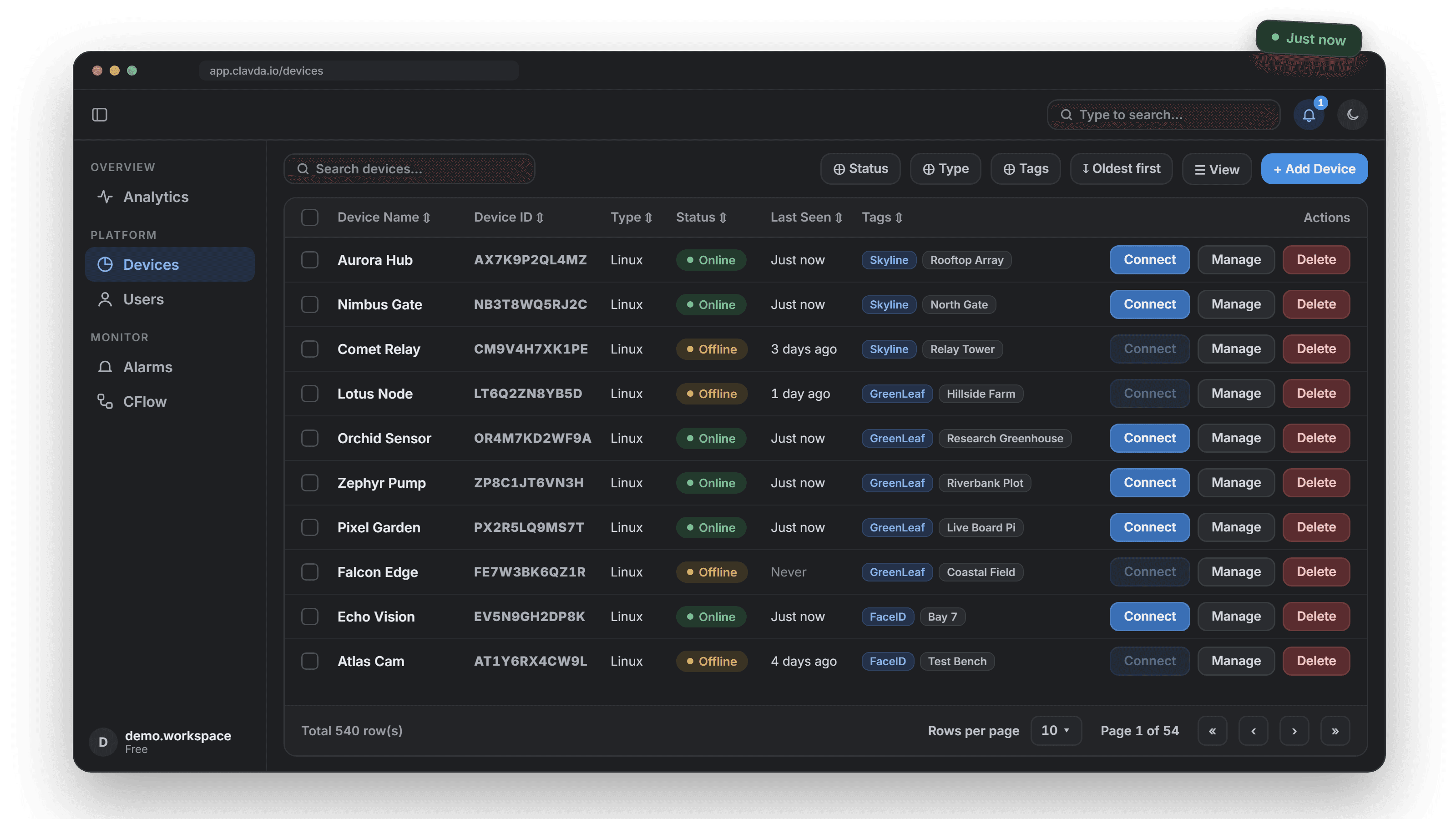 Clavda device list with online and offline status, last seen and tags