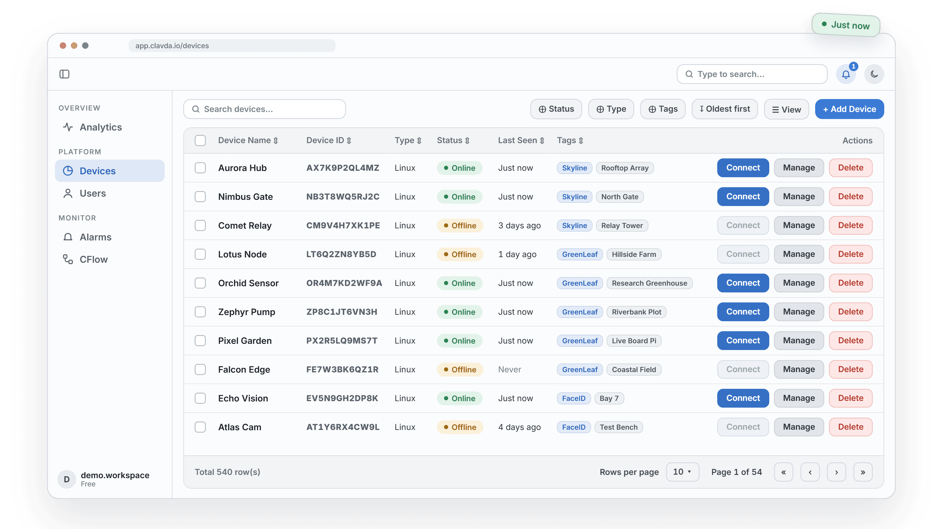 Clavda device list with online and offline status, last seen and tags
