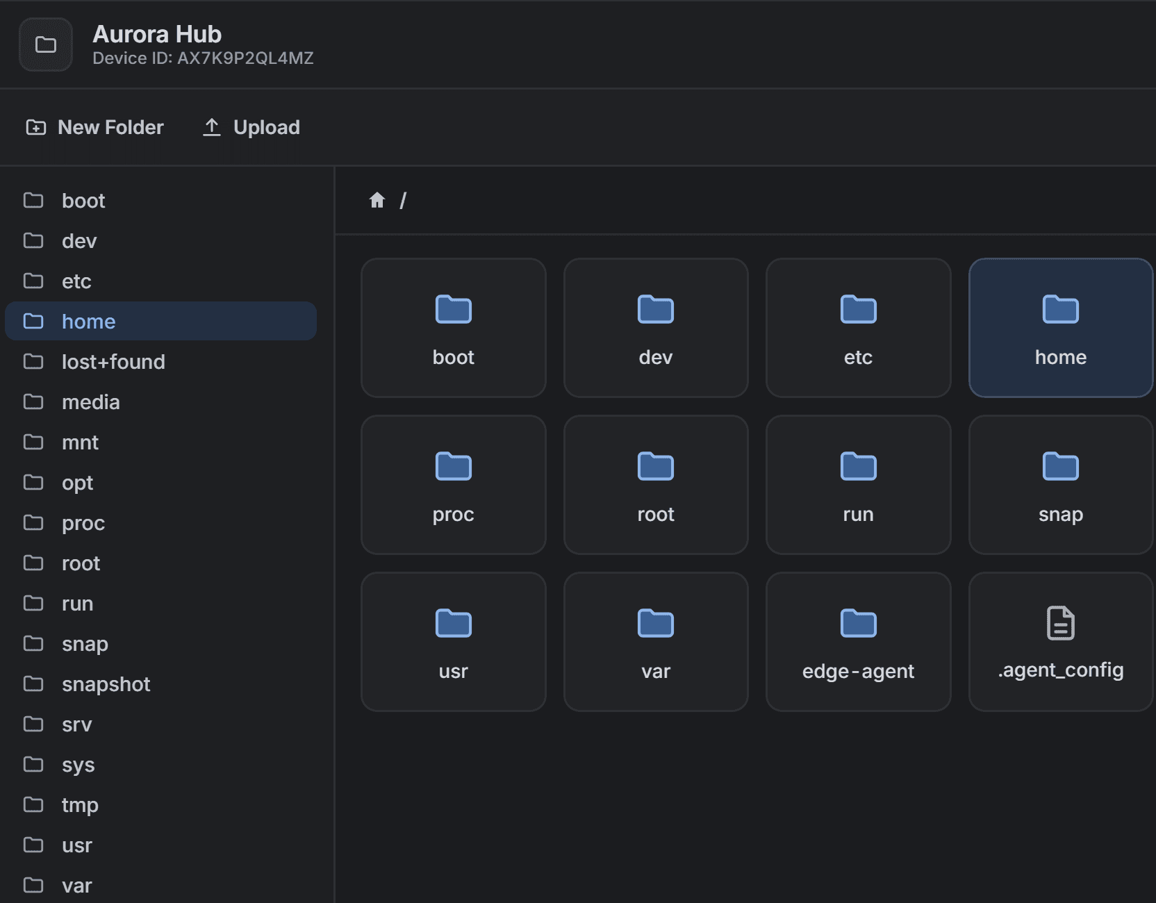 Remote file manager browsing the root folder of a device