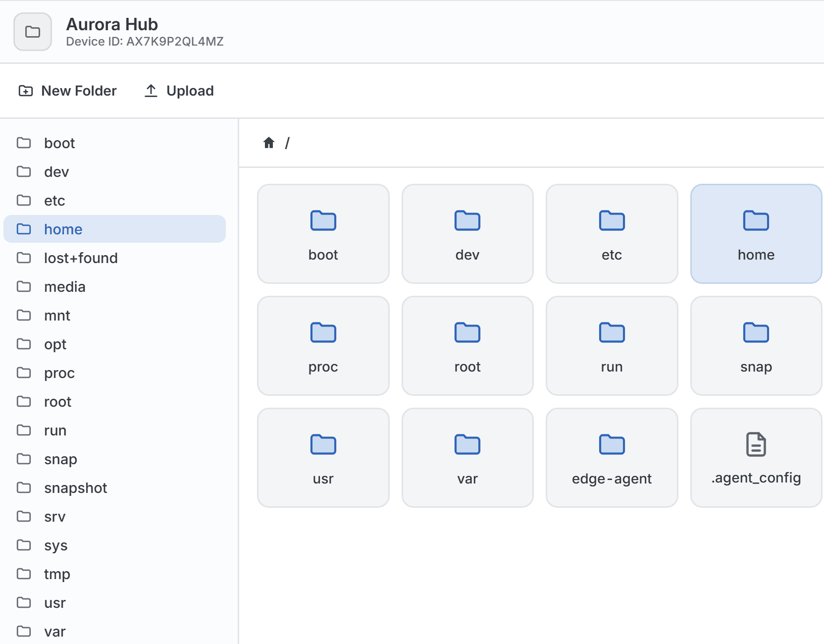 Remote file manager browsing the root folder of a device