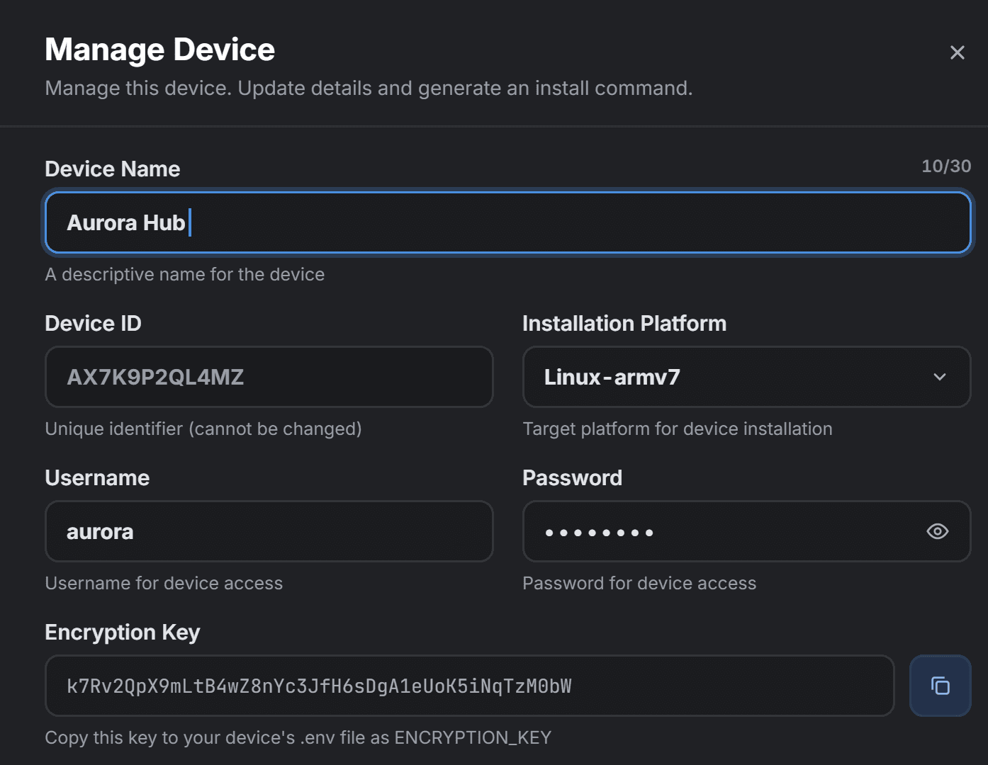 Manage Device sheet with installation platform, credentials and encryption key