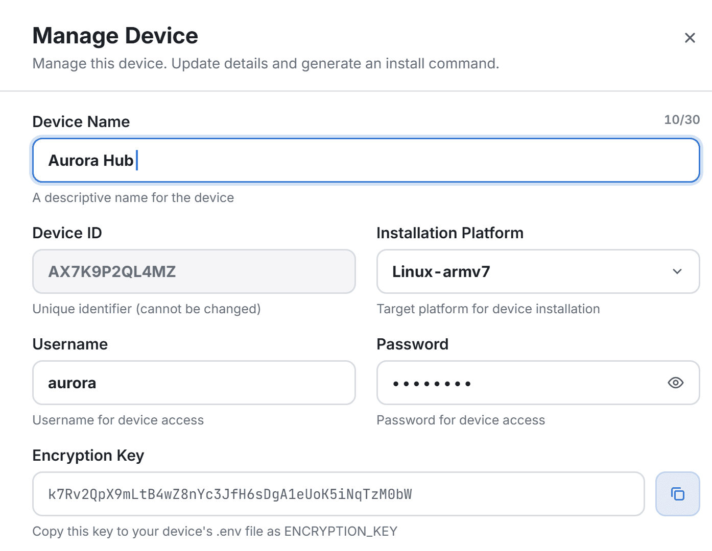 Manage Device sheet with installation platform, credentials and encryption key