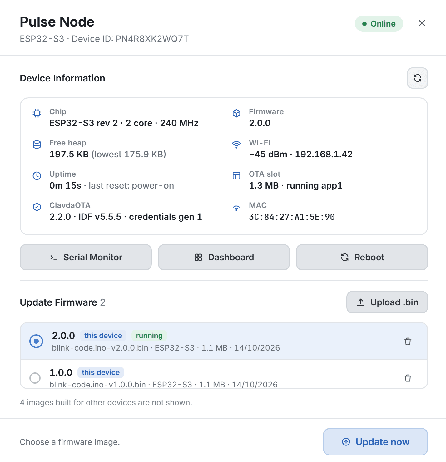 ESP32 device details with chip, firmware and OTA slot, and firmware images to update to