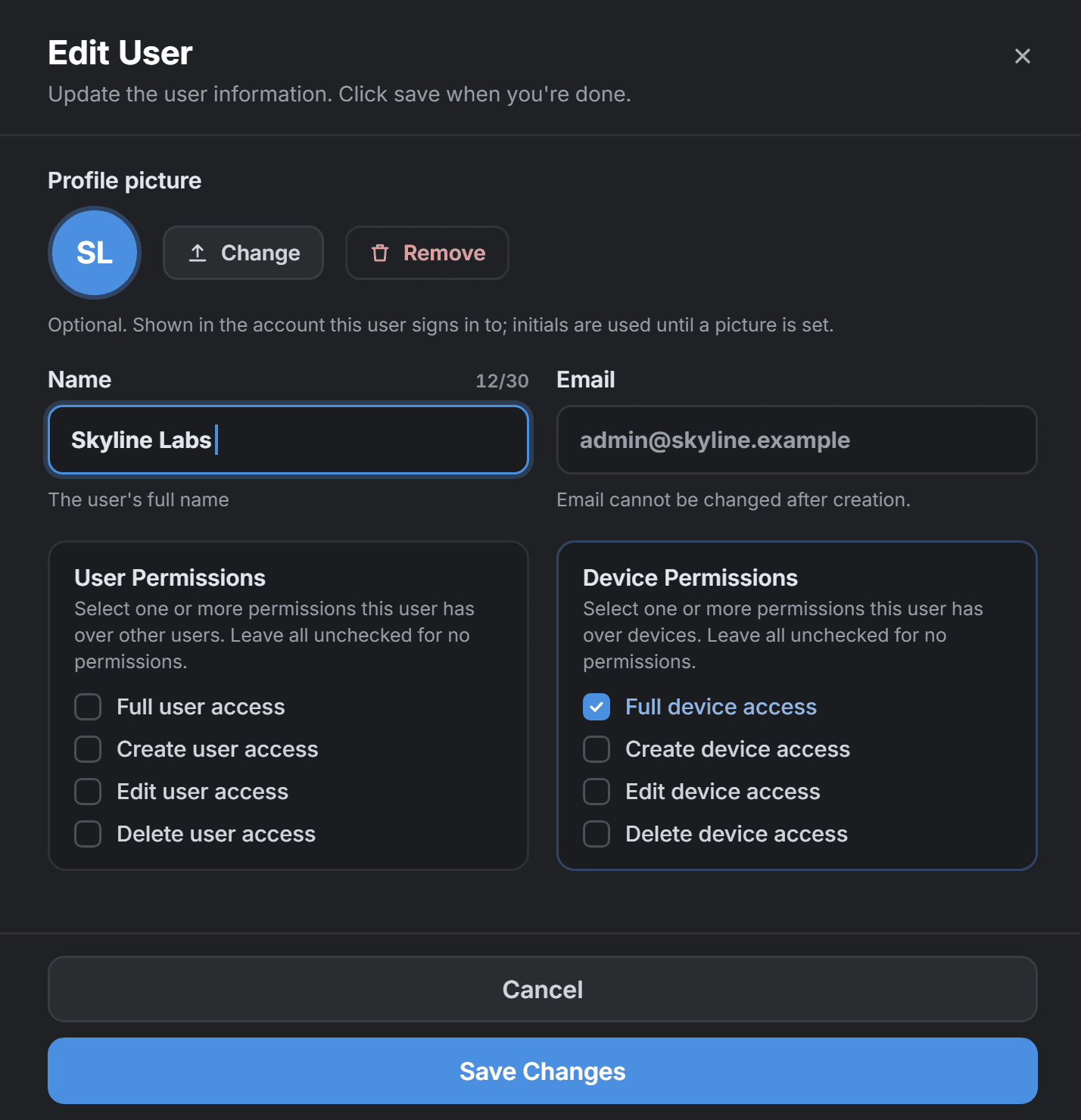 Edit User sheet with profile picture, name, email and user and device permissions