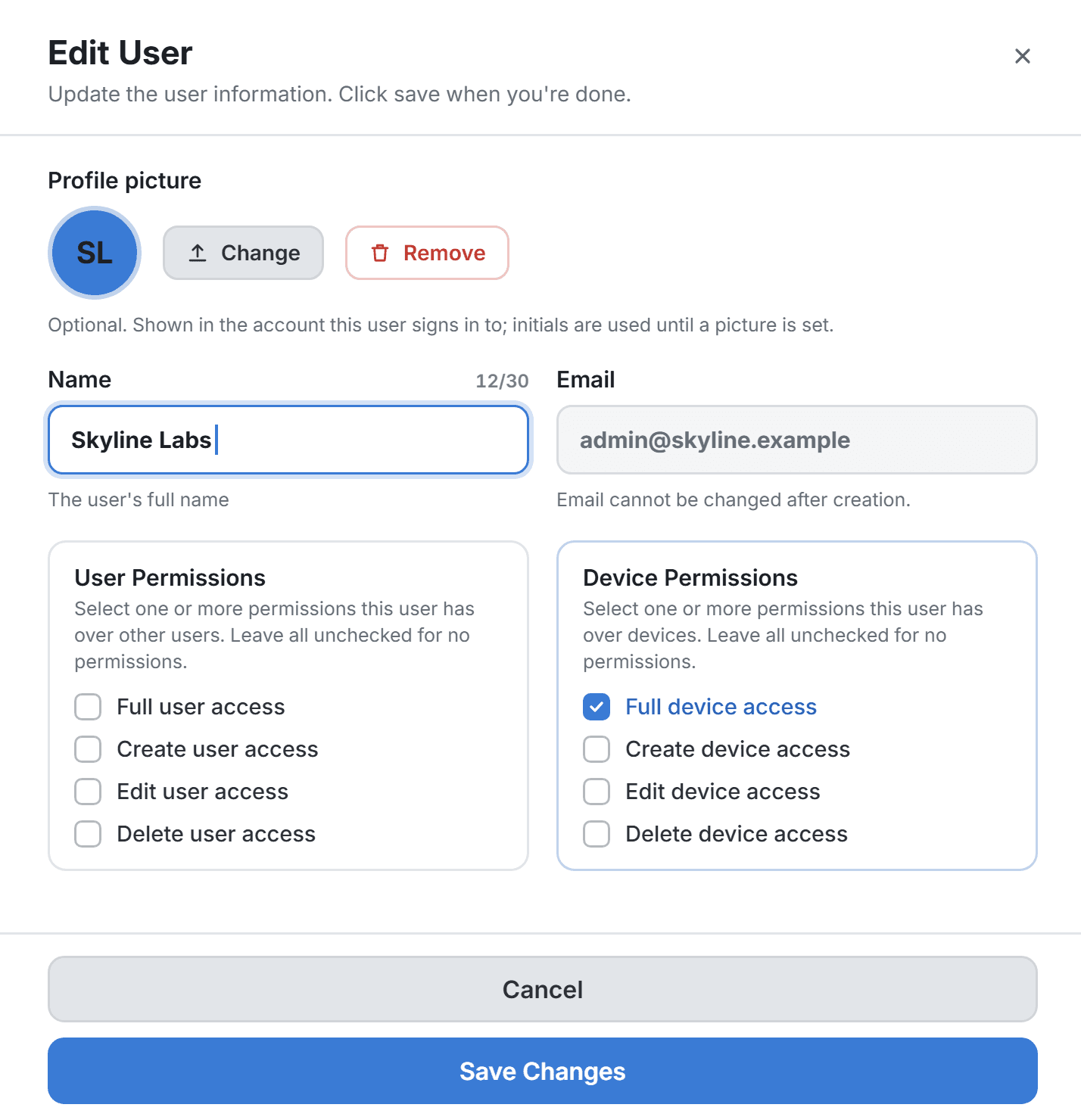 Edit User sheet with profile picture, name, email and user and device permissions
