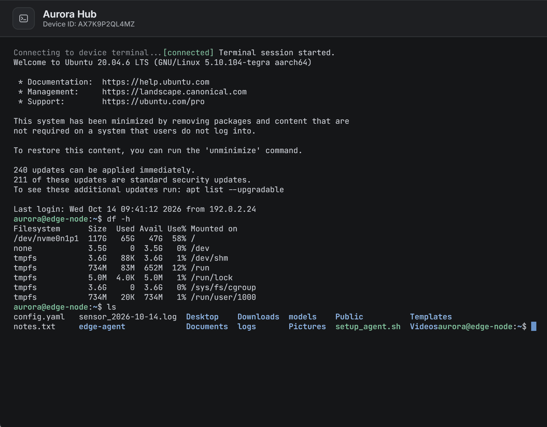 Browser terminal session on a Linux device running df -h and ls